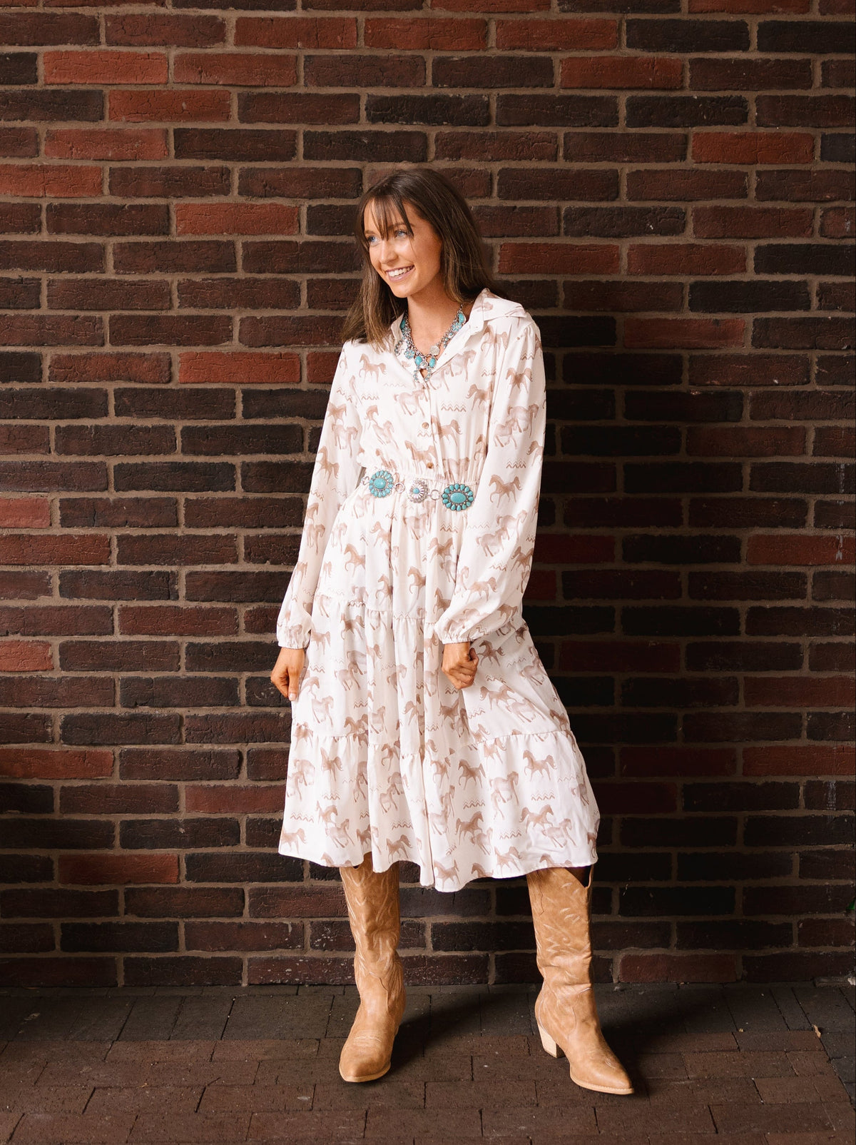 Horse Print Shirt Dress, Cream