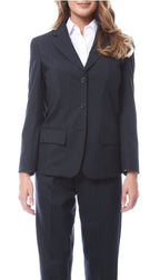 Navy pinstripe wool-blend blazer with notch lapel and three-button closure