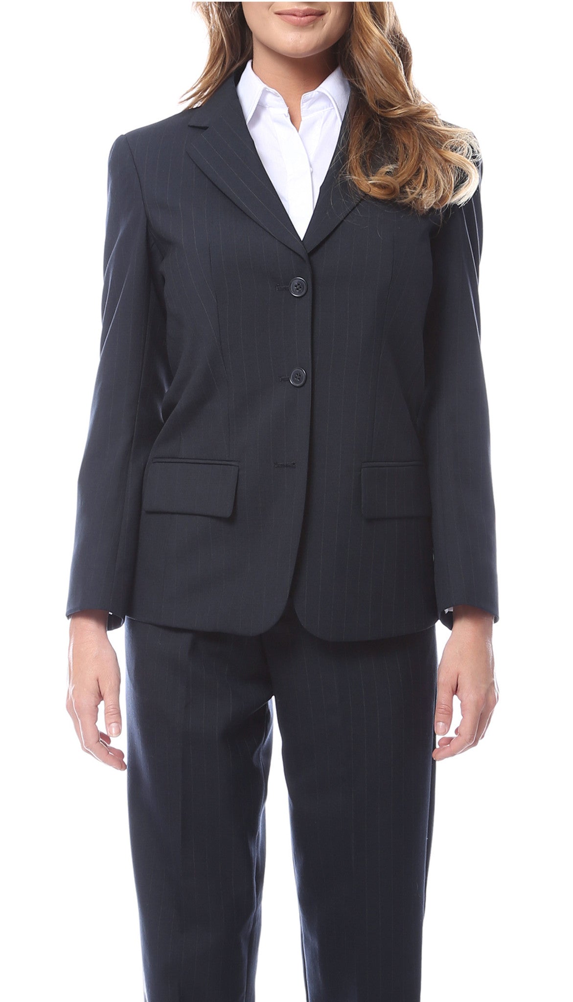 Navy pinstripe wool-blend blazer with notch lapel and three-button closure