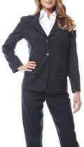 Navy pinstripe wool-blend blazer with notch lapel and three-button closure