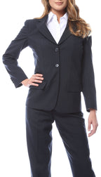 Navy pinstripe wool-blend blazer with notch lapel and three-button closure