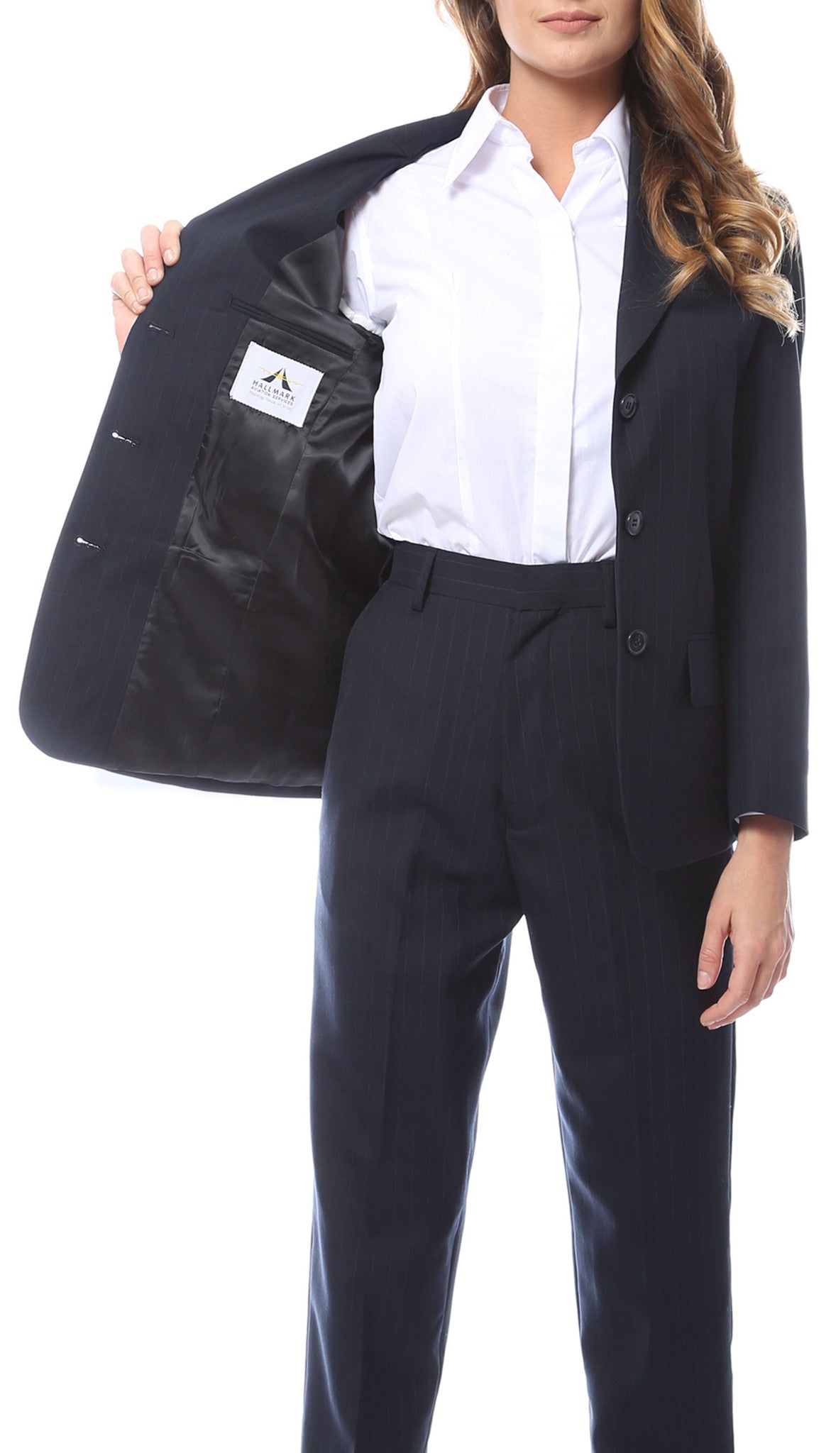 Navy pinstripe wool-blend blazer with notch lapel and three-button closure