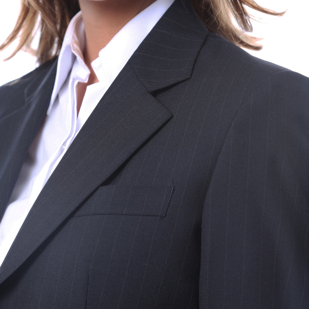 Navy pinstripe wool-blend blazer with notch lapel and three-button closure