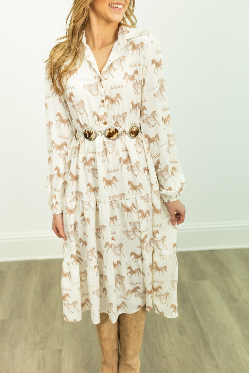 Horse Print Shirt Dress, Cream