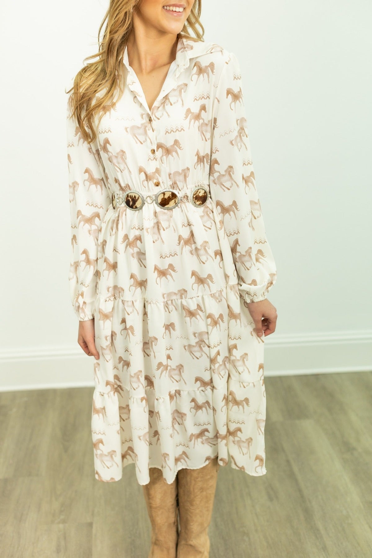 Horse Print Shirt Dress, Cream