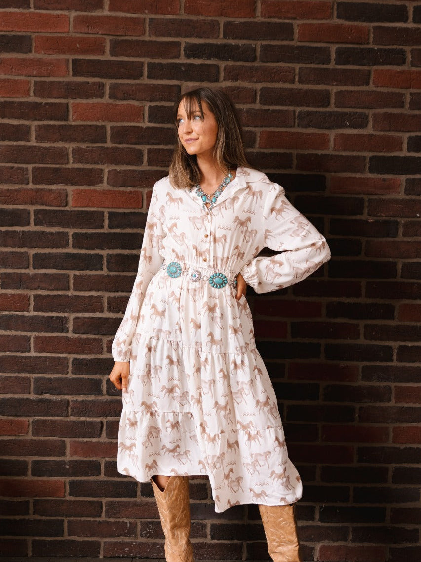 Horse Print Shirt Dress, Cream