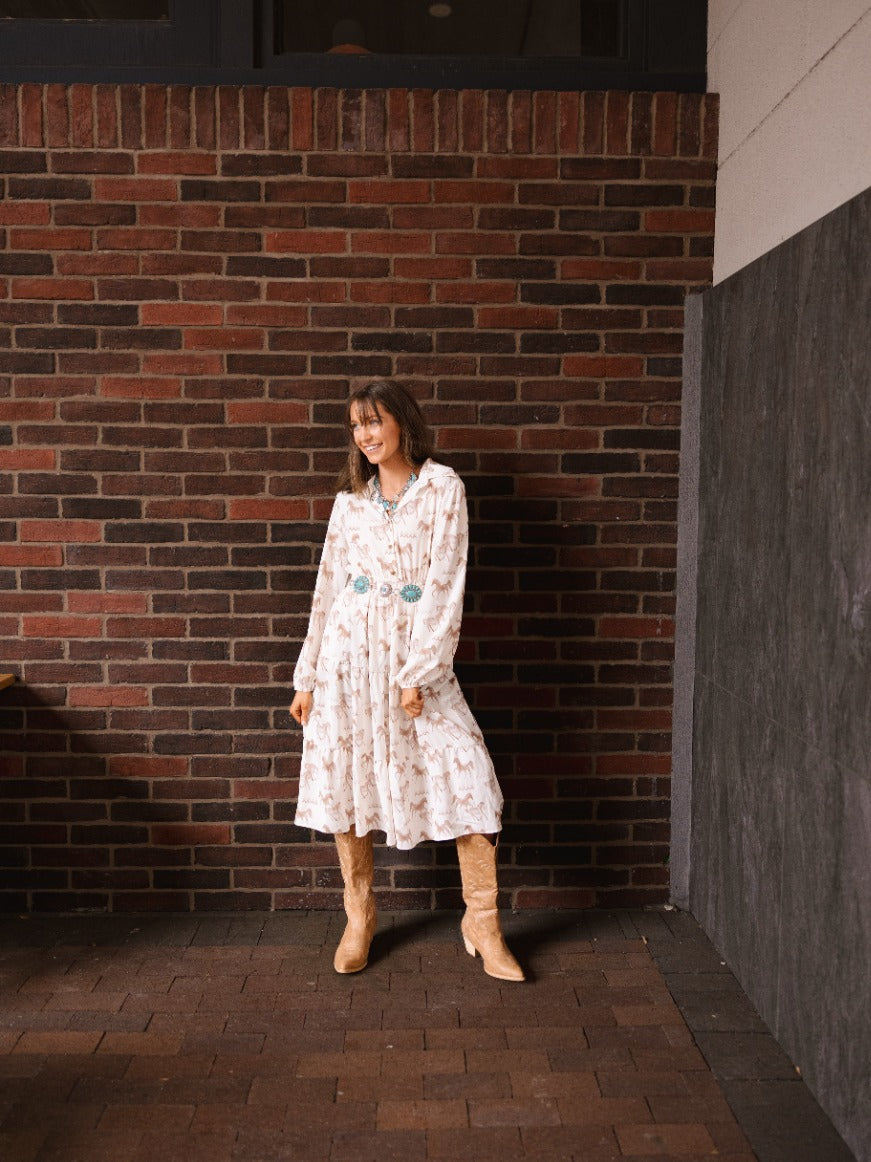 Horse Print Shirt Dress, Cream