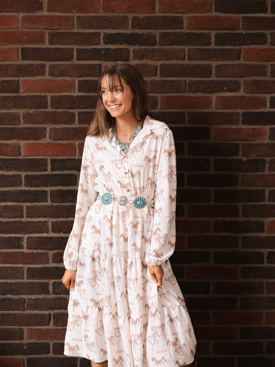 Horse Print Shirt Dress, Cream