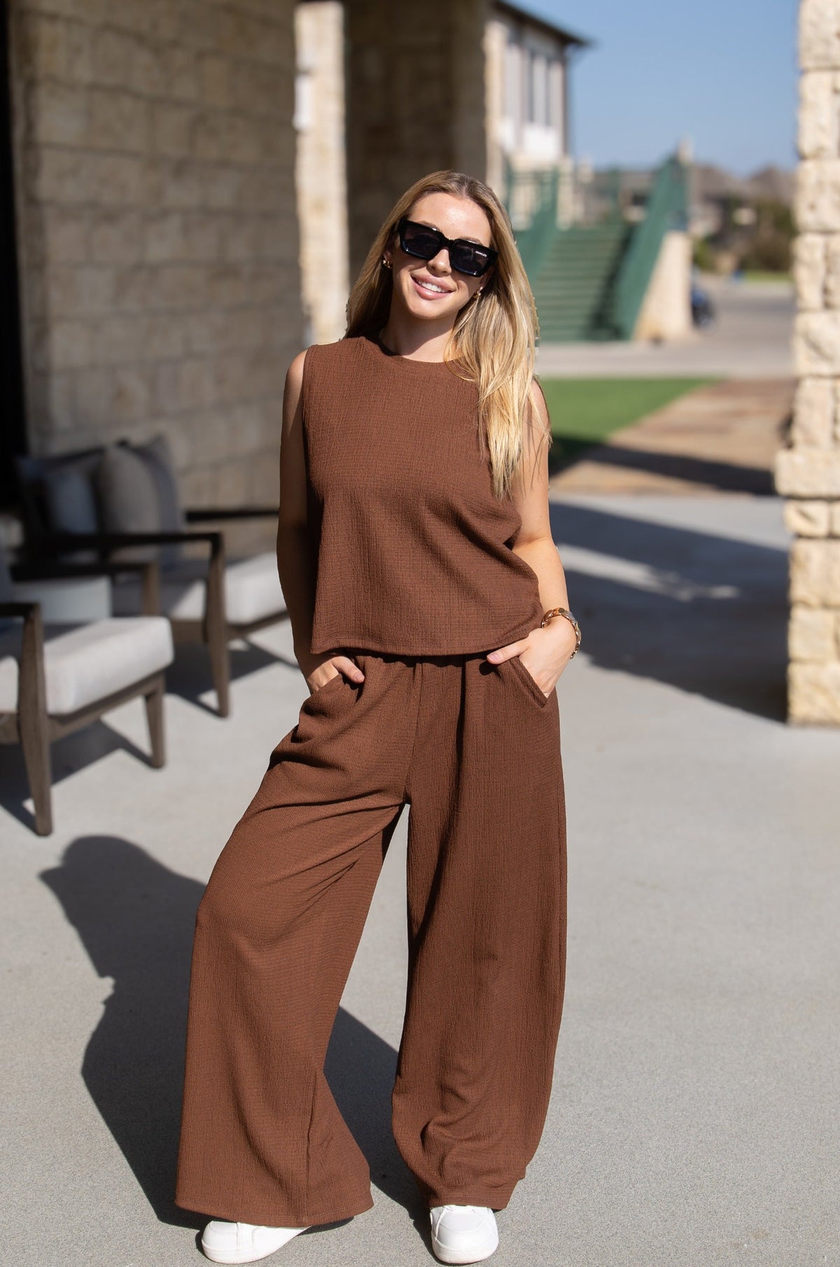 Earhart textured knit pants in chocolate brown with elastic waistband