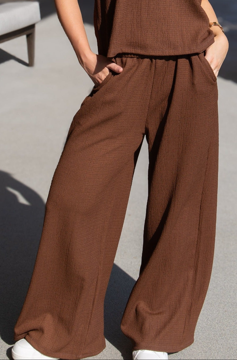 Earhart textured knit pants in chocolate brown with elastic waistband