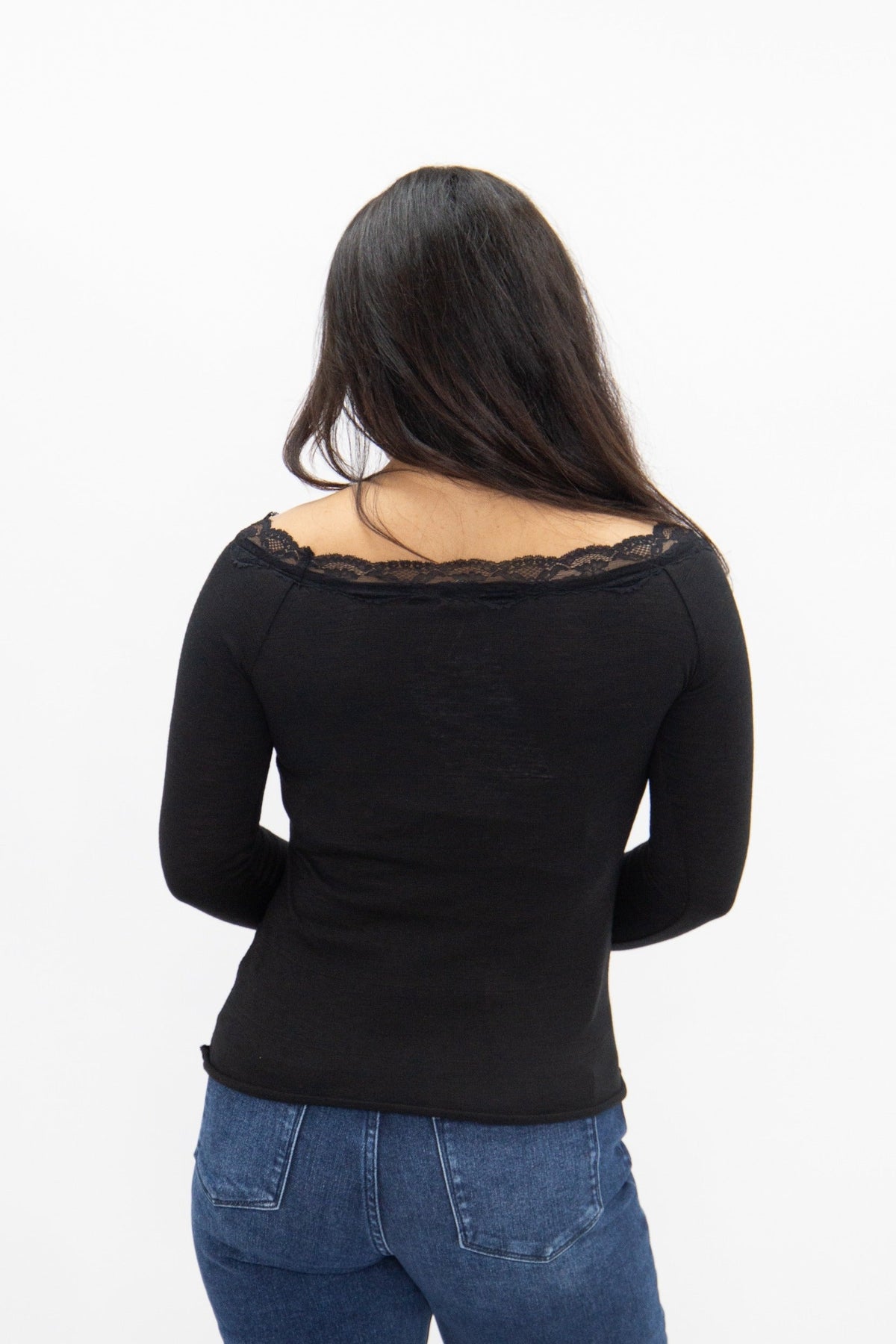 Off-the-Shoulder Top with Lace Trim, Black