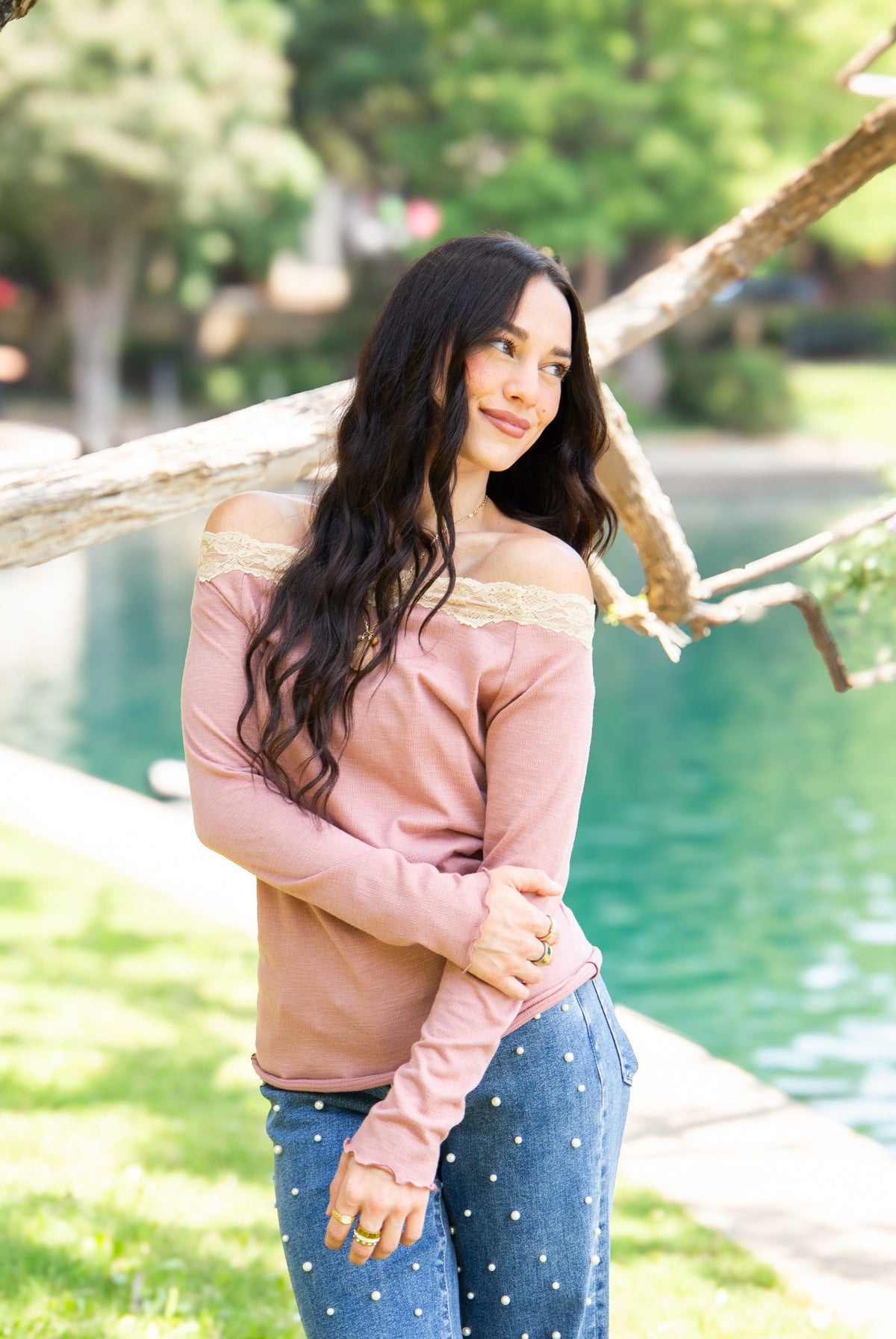 Off-the-Shoulder Top with Lace Trim, Mauve