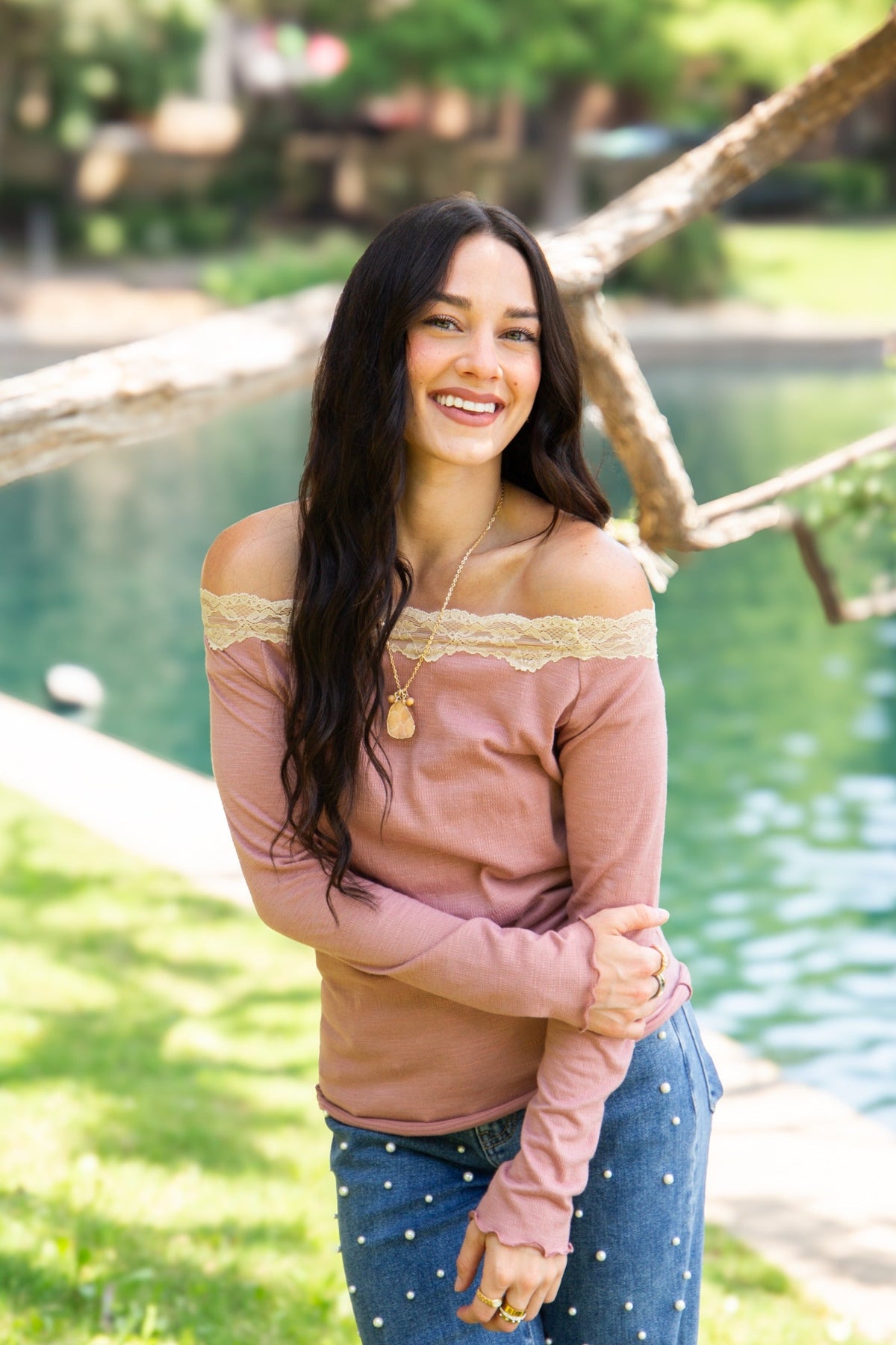 Off-the-Shoulder Top with Lace Trim, Mauve