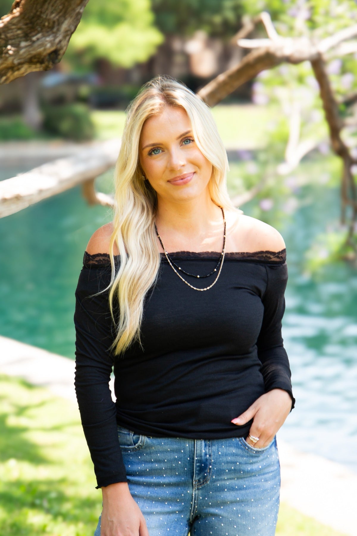 Off-the-Shoulder Top with Lace Trim, Black