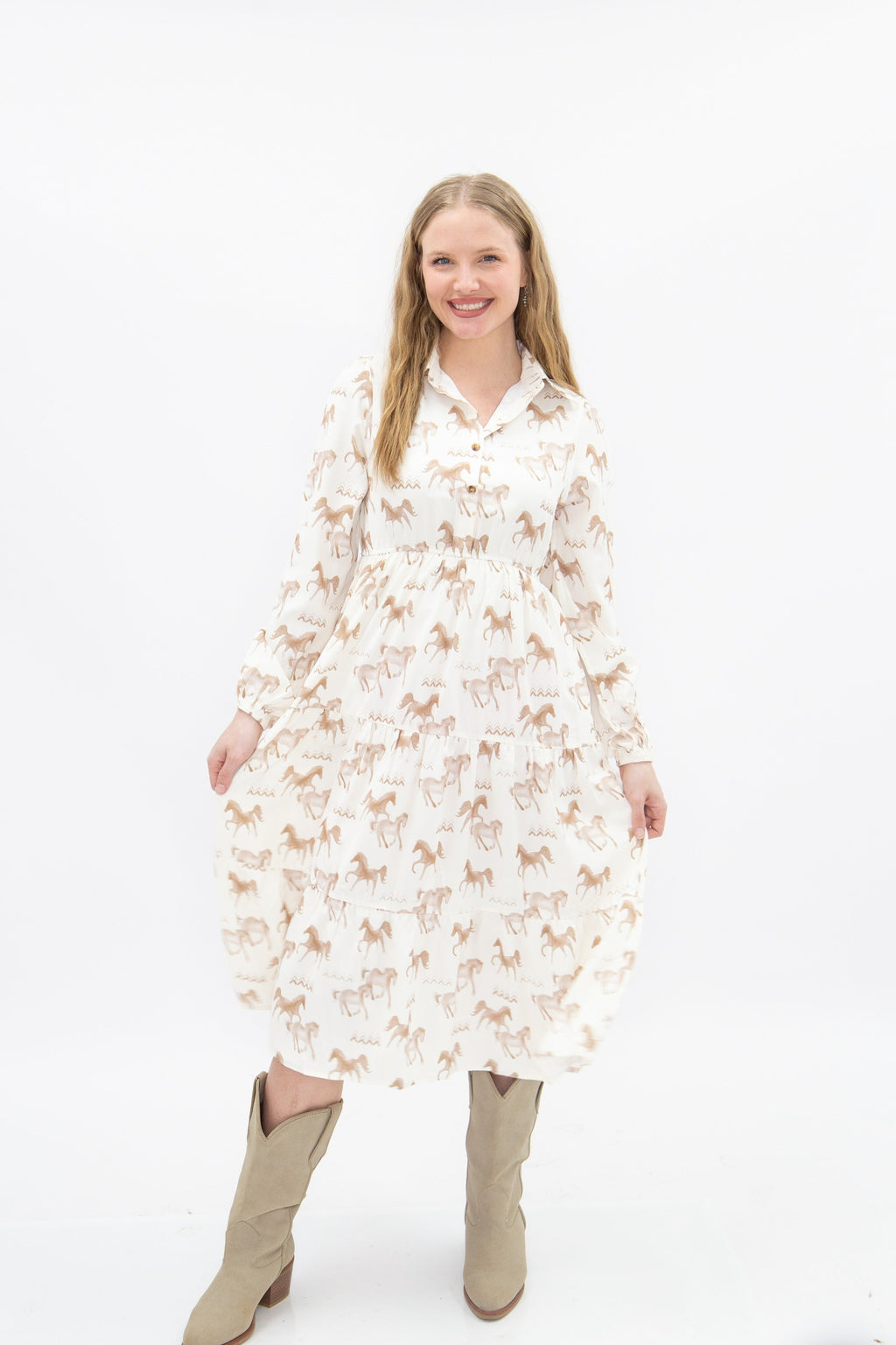 Horse Print Shirt Dress, Cream