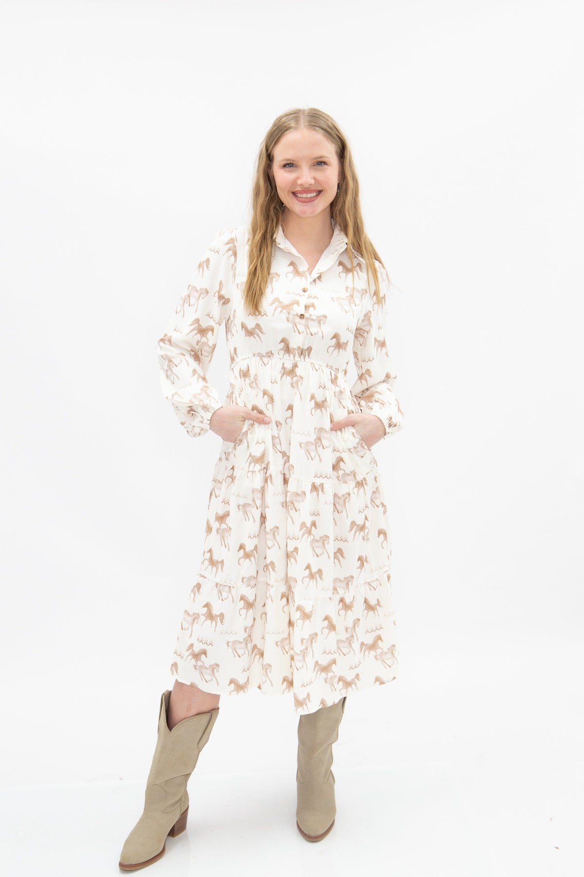 Horse Print Shirt Dress, Cream