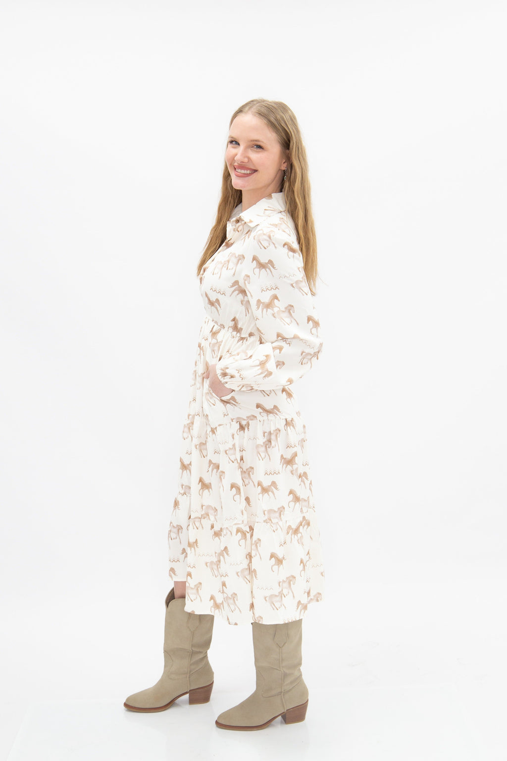 Horse Print Shirt Dress, Cream