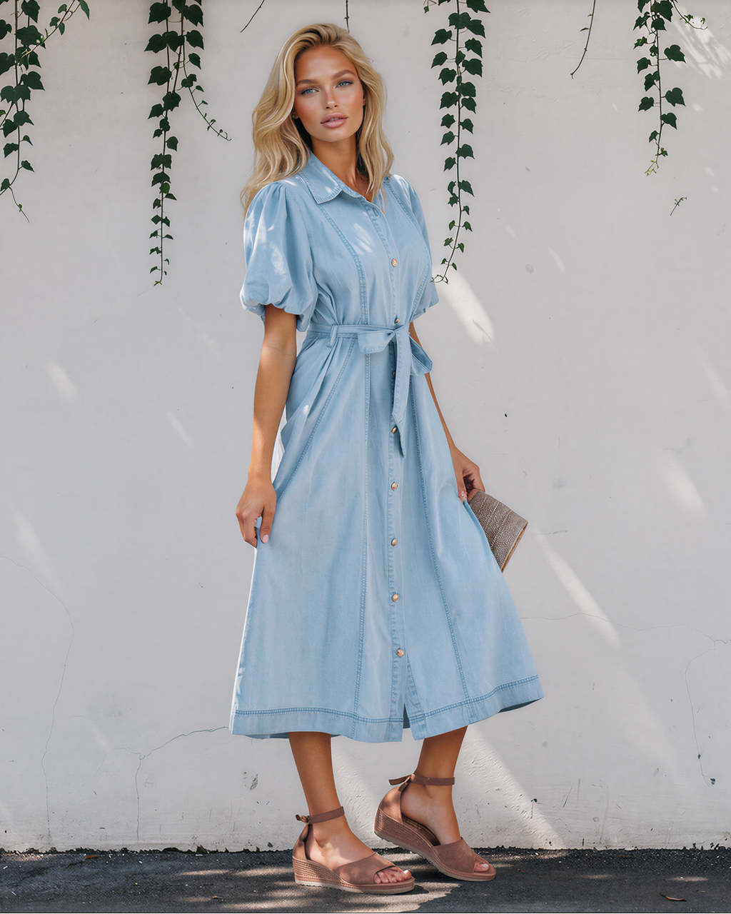 Giselle Denim Shirt Dress, Bubble Sleeve