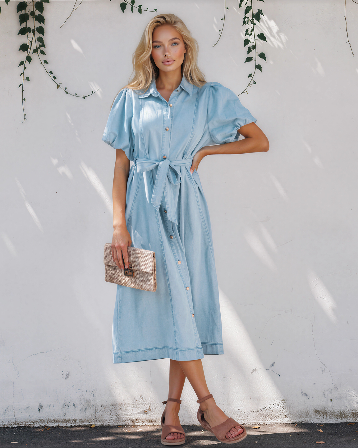 Giselle Denim Shirt Dress, Bubble Sleeve