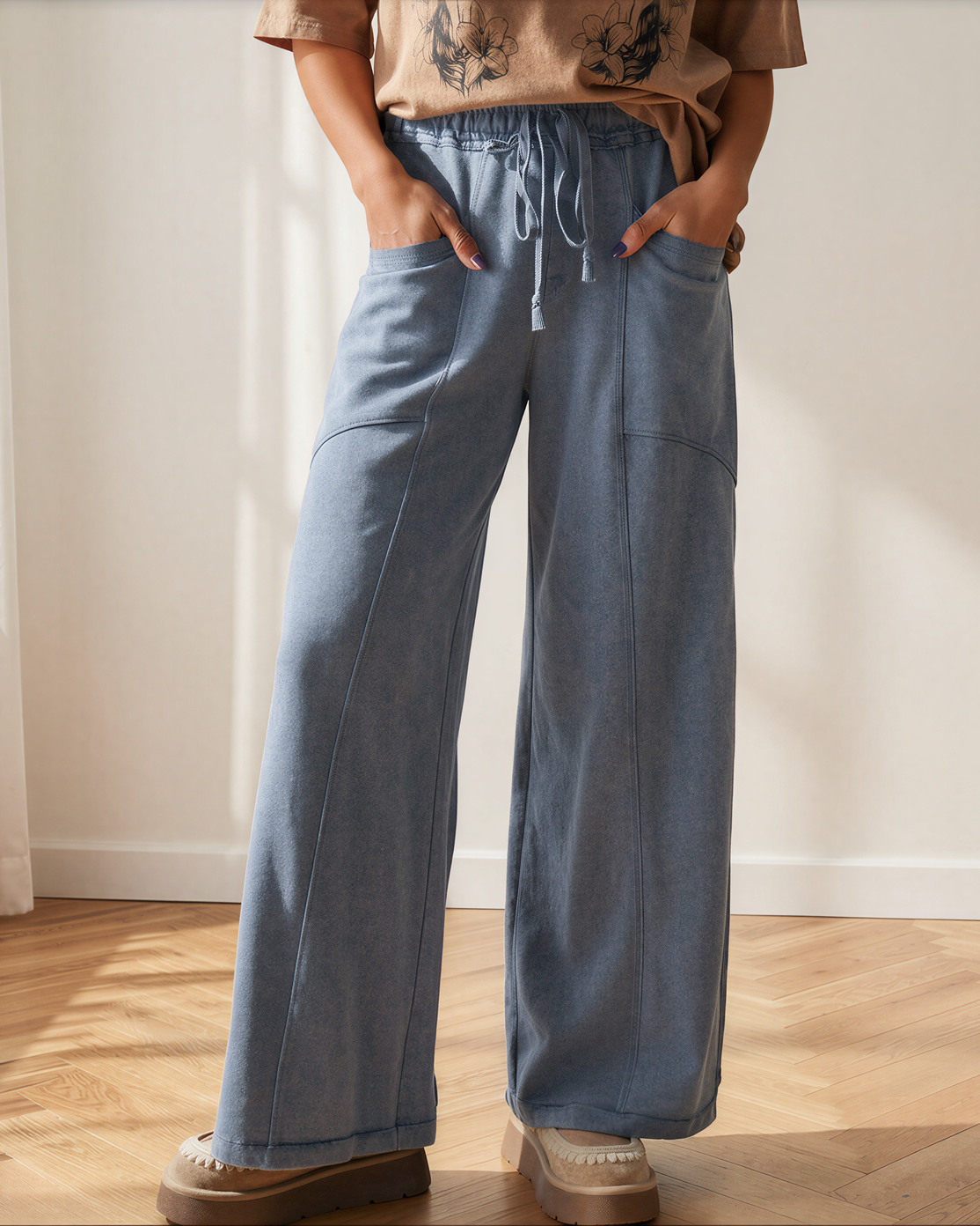 Billie high-waist wide-leg pants in mineral wash cotton with drawstring waist