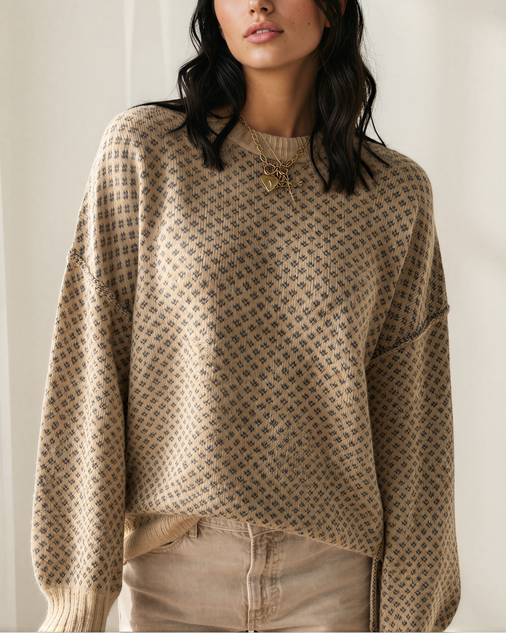 Briar Geometric Knit Sweater, Khaki