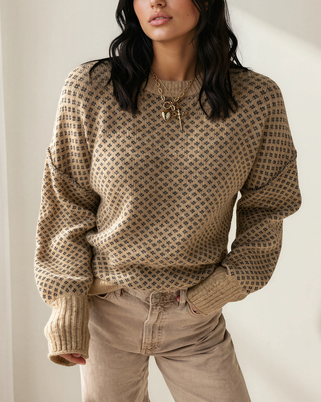 Briar Geometric Knit Sweater, Khaki