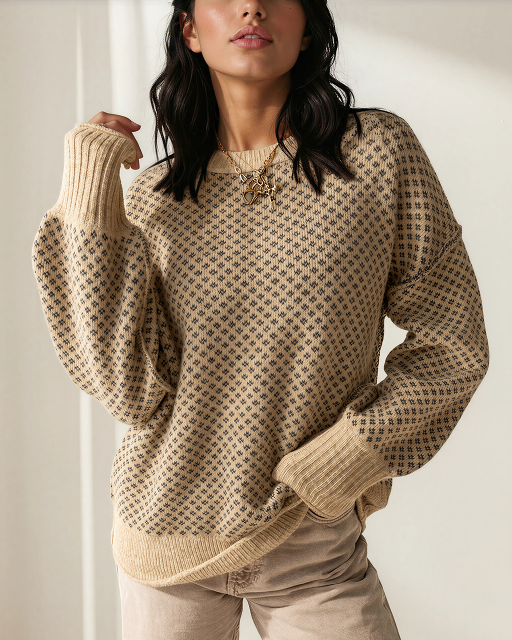 Briar Geometric Knit Sweater, Khaki