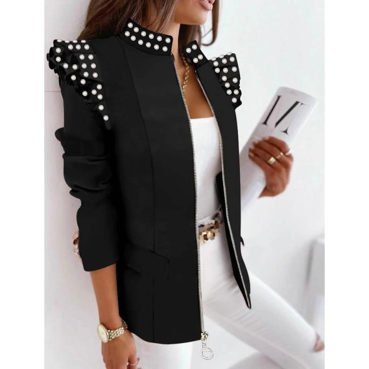 Zip-front blazer jacket with stand collar and ruffle detail