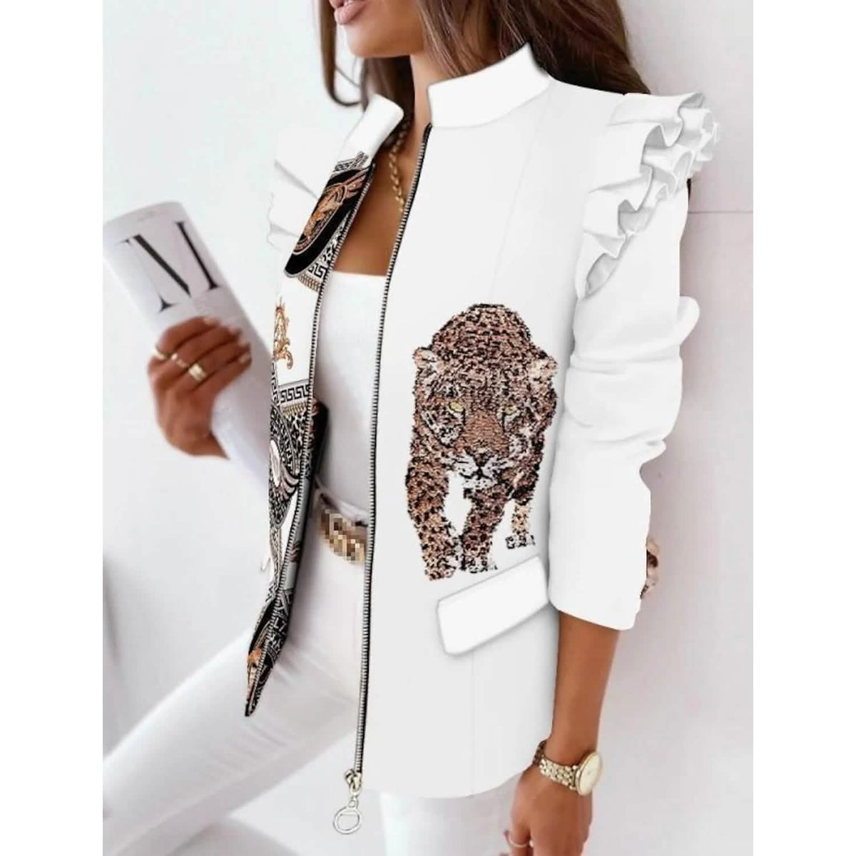 Zip-front blazer jacket with stand collar and ruffle detail