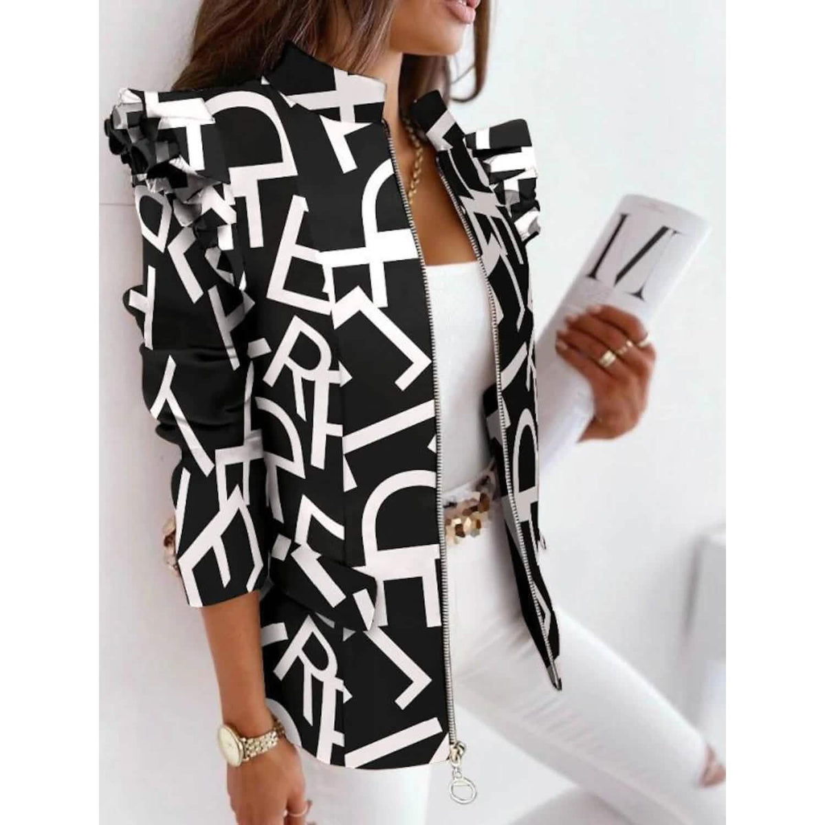 Zip-front blazer jacket with stand collar and ruffle detail